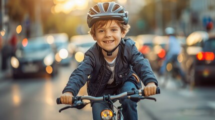 Naklejka premium A young boy wearing a helmet, riding a bicycle on a busy city street with a joyful expression and traffic in the background.