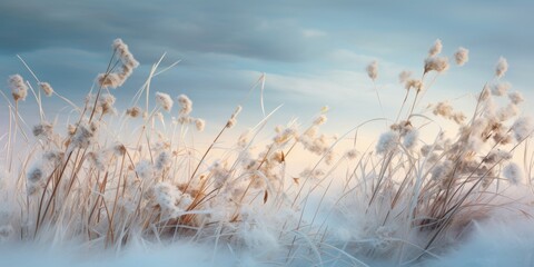 Obraz premium A serene scene of winter grasses covered in frost, illuminated by the soft light of the sunrise, creating a peaceful atmosphere.