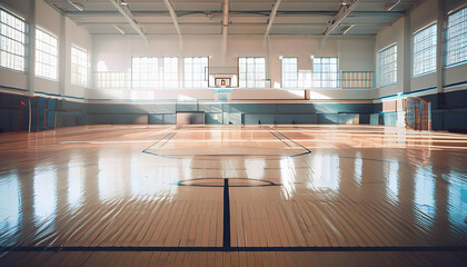 Empty gymnasium with a polished hardwood basketball court Basketball court in a gym with bleachers and windows Indoor basketball court with markings and an orange hoop Empty gym with a basketball 