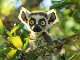 Ring-tailed lemur with wide eyes perched on a branch surrounded by green leaves in a forest setting.