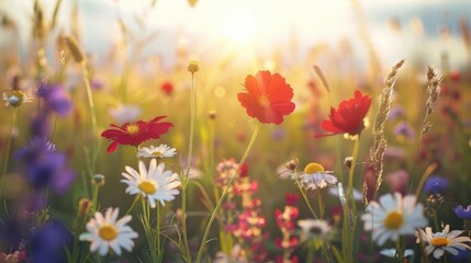 Obraz premium A beautiful meadow filled with wildflowers bathed in sunlight, showcasing a serene and natural landscape.