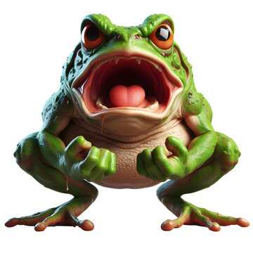 an angry looking frog, 3d rendering, isolated on transparent background