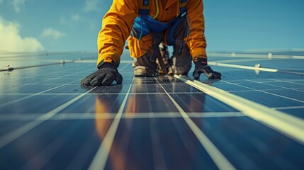 Close-up of solar panel technician working on a roof, copy space, lifelike photograph