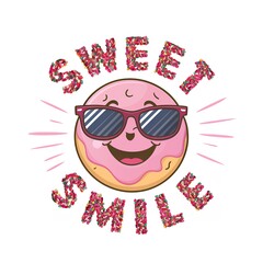 A cartoon character with big sunglasses and the words sweet smile on it.