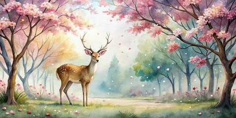 Charming watercolor of a deer among blossoming trees perfect for spring and nature themes, deer, watercolor,blossoming, trees