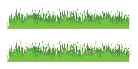 Set of grass with yellow flowers isolated on white background. Green bush blossom. Green grass collection. Flat vector illustration.