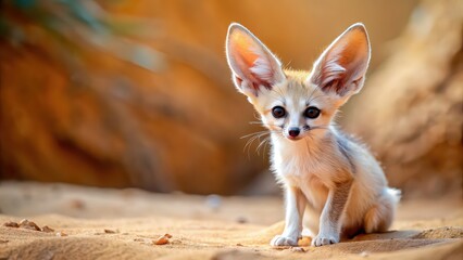 Adorable baby fennec fox in the desert habitat, cute, small, fluffy, sand dunes, wildlife, nature, wild animal, African, desert fox