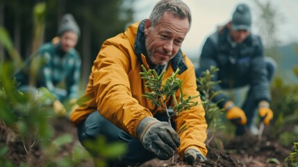 Obraz premium Corporate leader organizing a tree-planting event, lifelike photograph