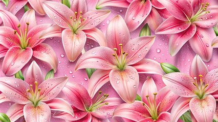 Seamless pattern of pretty pink lilies covered with dew drops, flowers, lilies, pink, seamless, pattern, floral, nature
