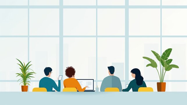 Team of programmers collaborating, bright office with large windows, flat design illustration