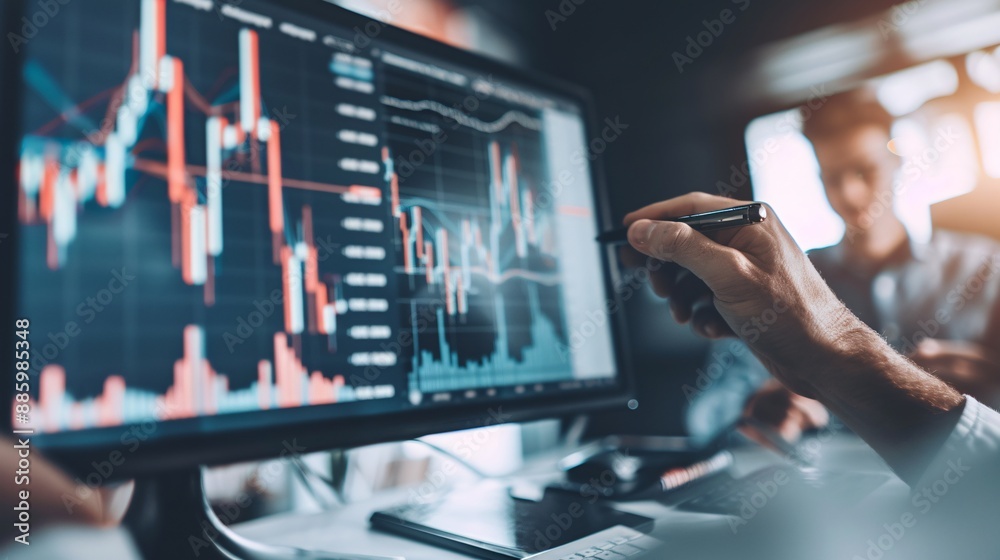 Poster close-up of a financial advisor explaining graphs on a computer screen to a client, symbolizing stra