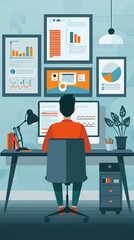 Advanced market technology, flat design, front view, development theme, animation, Complementary Color Scheme