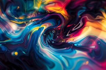 Swirling colors blend in a mesmerizing dance. Vibrant blues, pinks, and yellows create a fluid, dreamy atmosphere. Feels otherworldly.