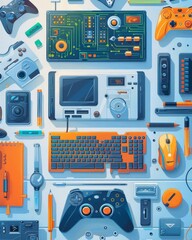 Fototapeta premium Innovative control systems, flat design, top view, explore theme, cartoon drawing, vivid