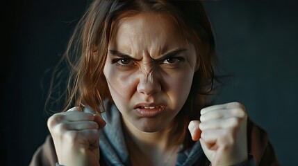 A woman with clenched fists and furrowed brows, illustrating anger and frustration, useful for intense emotions. Generative AI