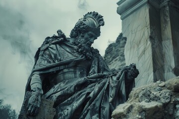 Fototapeta premium Ancient statue of bearded warrior, weathered and covered in debris. Moody atmosphere with misty background.