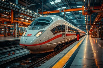 Fototapeta premium Modern High-Speed Train in Maintenance Depot. Modern high-speed train in a maintenance depot, showcasing advanced rail technology and infrastructure.