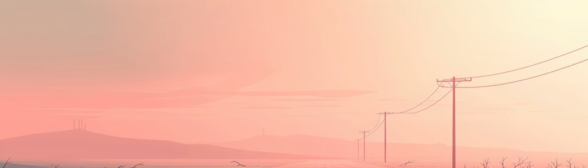 Scenic sunset view with telephone poles and distant mountains. Tranquil pastel-colored sky creates a serene and peaceful ambiance in the countryside.