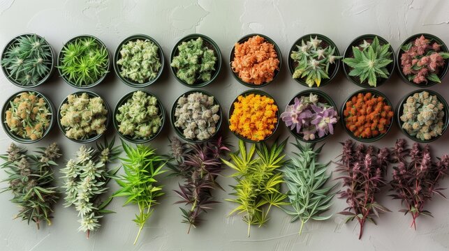 Assorted Cannabis Strains in Pots. Top view of assorted cannabis strains in pots, displaying a range of colors and textures of the buds and leaves.