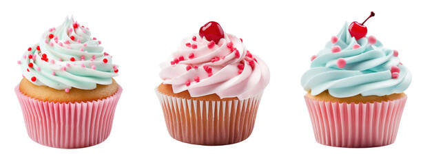 set of different pink blue cup cake with red cherry cut out transparent background
