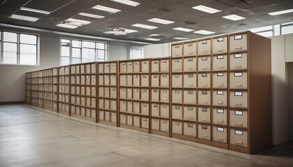 A simple record keeping and archive, cabinet of folders in a large room with copy space
