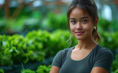 Fototapeta premium Smiling Young Woman in Greenhouse. Smiling young woman standing in a greenhouse, symbolizing dedication to sustainable agriculture and the nurturing of healthy crops.