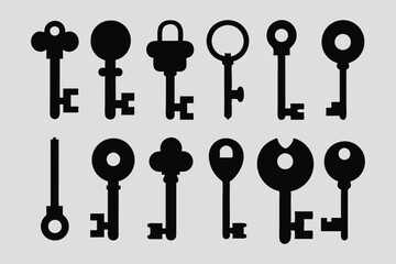 Set of Black Key Silhouettes - Door Keys Vector Icons on a White Background
