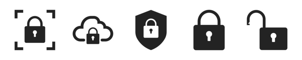 Security lock icon set. Set of 5 outline icons related to security. Linear icon collection. 
Security lock outline icons collection. Editable stroke. Vector illustration.