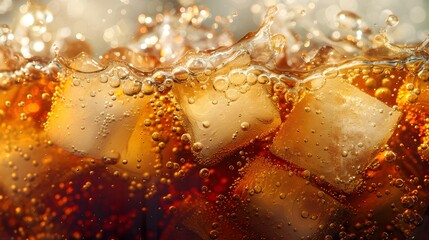 Glistening Amber Carbonated Refreshment with Sparkling Bubbles and Droplets in a Transparent Glass