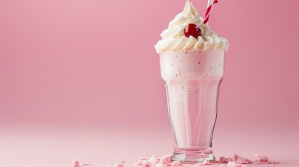 A milkshake with whipped cream and a cherry on a pink background, highlighting a sweet fast food treat. Generative AI