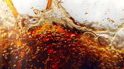Captivating Close Up of Pouring Cola with Effervescent Bubbles and Clarity