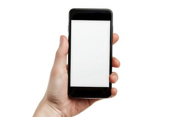 male hand holding smartphone with blank screen on white background. mock up