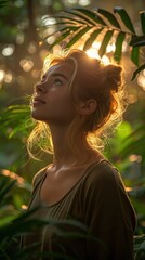 Serene woman in nature, bathed in golden sunlight, surrounded by lush green leaves, evoking tranquility and natural beauty.