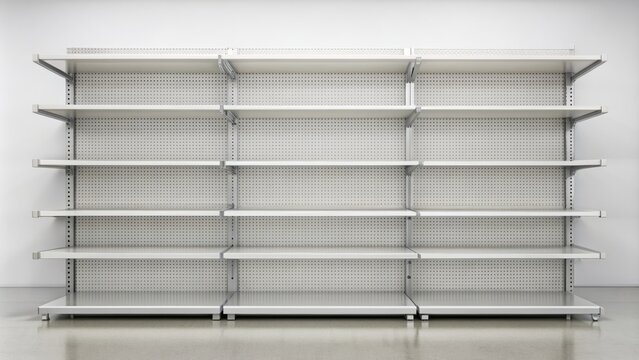 Three barren, stark, and desolate supermarket shelves, devoid of products, stand alone against a crisp, stark, and sterile white background.