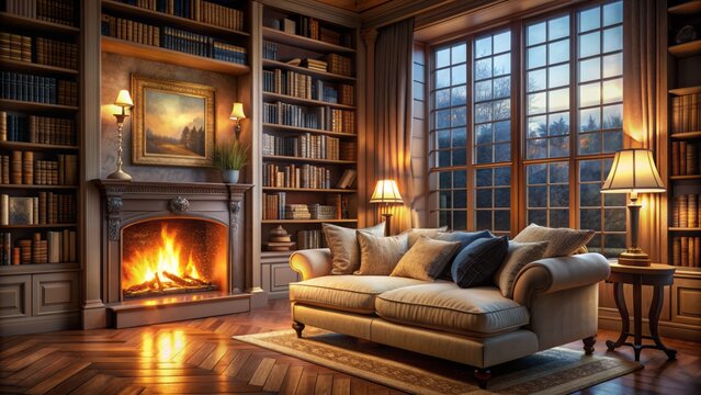 Cozy library ambiance featuring a plush pillow sofa, softly lit by a crackling fireplace near a serene night window backdrop.