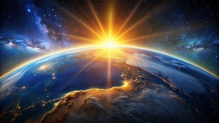 Breathtaking celestial view of radiant blue Planet Earth suspended majestically in blackness, illuminated by warm golden sunrise light.