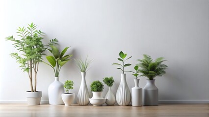 Sleek white background with minimalist arrangement of elegant vases and lush green plants providing ample space for text and content.