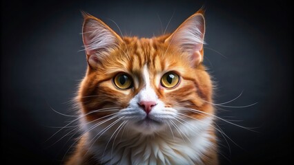 Adorable tabby ginger and white feline's whiskered face with bright curious eyes and soft fluffy fur on dark background.