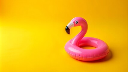 Vibrant yellow background featuring a lone, colorful flamingo-shaped rubber ring, symbolizing carefree summer vacation joy and seaside relaxation.
