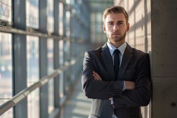 Fototapeta premium Businessman is standing in a modern office building, looking serious with his arms crossed