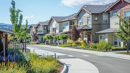 Obraz premium Classic house with flower garden Surrounded by large leafy trees.