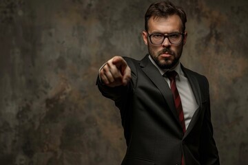 Serious businessman with a beard is pointing his finger while wearing a suit and glasses