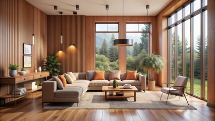 Sleek peach-hued modern interior with minimalist furniture, abundant natural light, and rustic accents in a luxurious high-end residential setting.