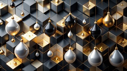 Luxurious black gold droplets cascade down a modern, abstract cubic background with contrasting white geometric shapes and clean lines.