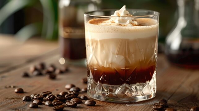 White Russian, closeup, creamy layers, coffee beans, elegant drink, highquality shot