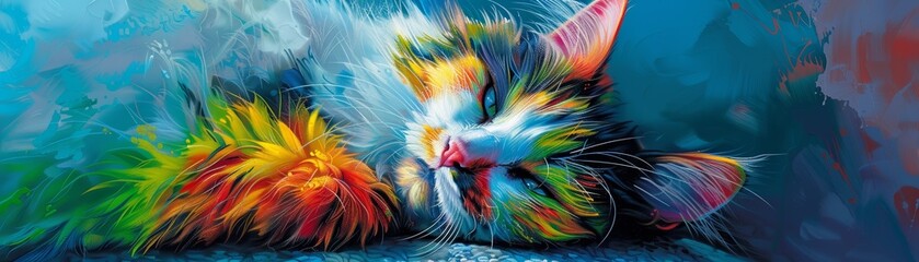 A vibrant, multicolored digital artwork of a sleeping cat, blending various hues to create a dreamy, artistic effect