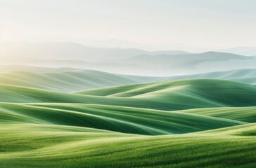 Obraz premium Serene landscape with rolling green hills in misty morning light, showcasing nature's tranquility and beauty perfect for backgrounds and nature themes.