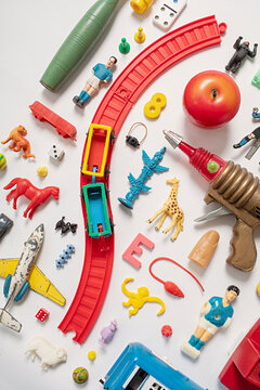 close up of a collection of plastic childhood toys