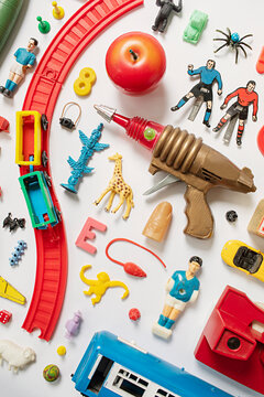Flatlay of vintage childhood toys