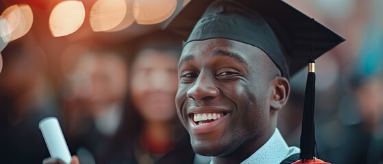 A happy graduate smiles warmly, holding his diploma, amidst a background of celebratory lights and fellow graduates